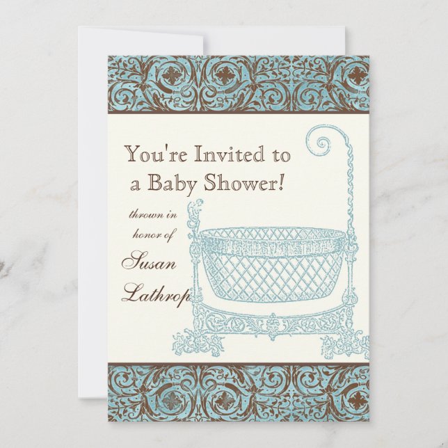 Baby Shower Invite - Blue Brown Damask Cradle (Front)