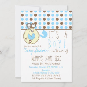 Baby Shower Invite - Blue Diaper Pin & Polka Dot