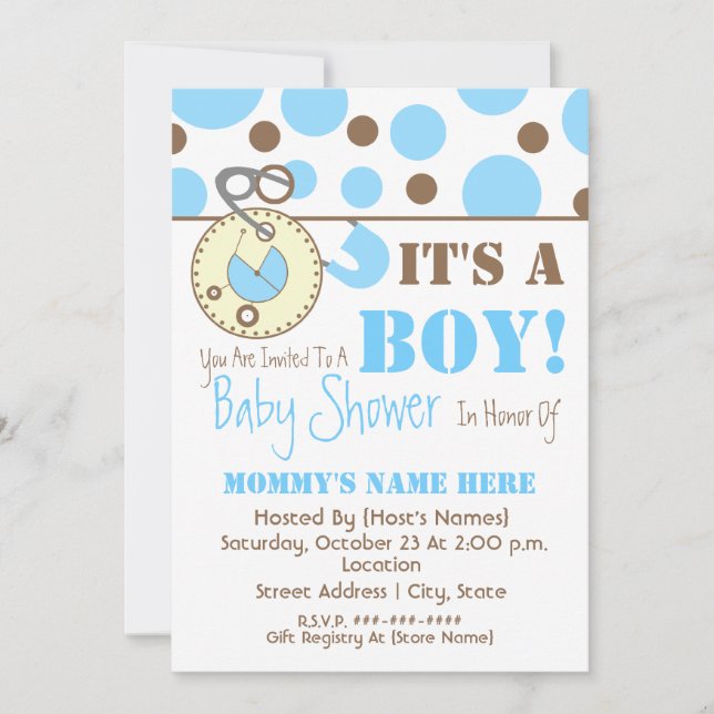 Baby Shower Invite - Blue Diaper Pin & Polka Dots (Front)