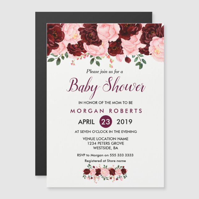 Baby Shower Invite: Blush Pink Burgundy Floral Magnetic Invitation (Front/Back)