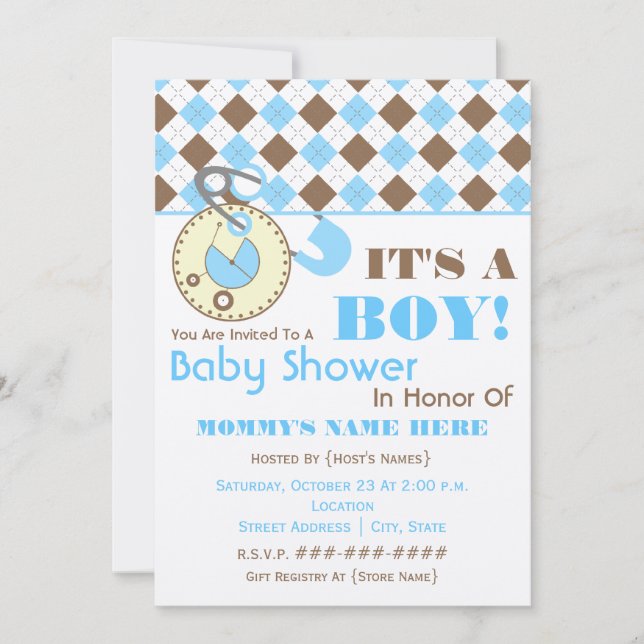 Baby Shower Invite -Diaper Pin Blue & Brown Argyle (Front)