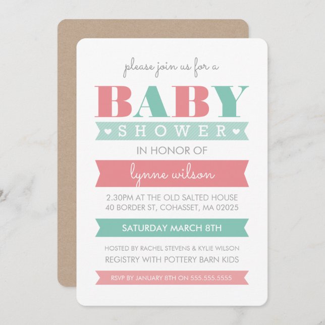 BABY SHOWER INVITE modern gender reveal coral mint (Front/Back)