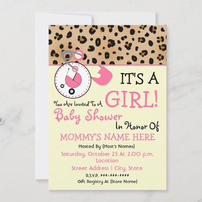 Baby Shower Invite - Pink Diaper Pin & Leopard (Front)