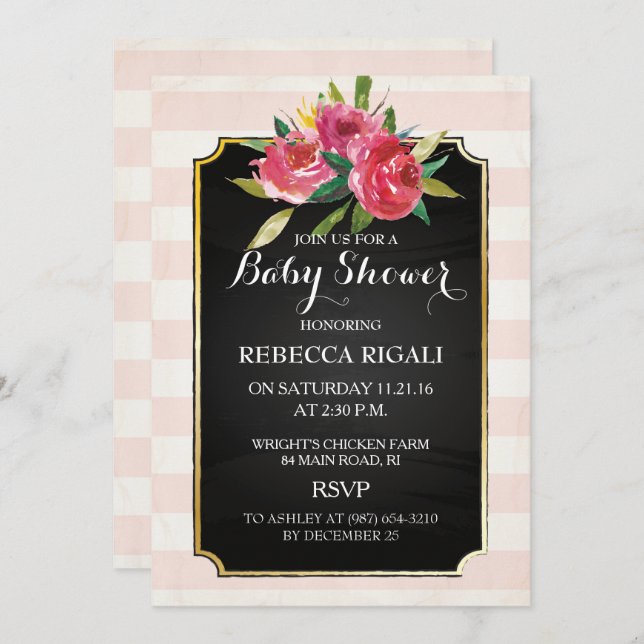 Baby Shower Invite - Pink Stripes Floral (Front/Back)