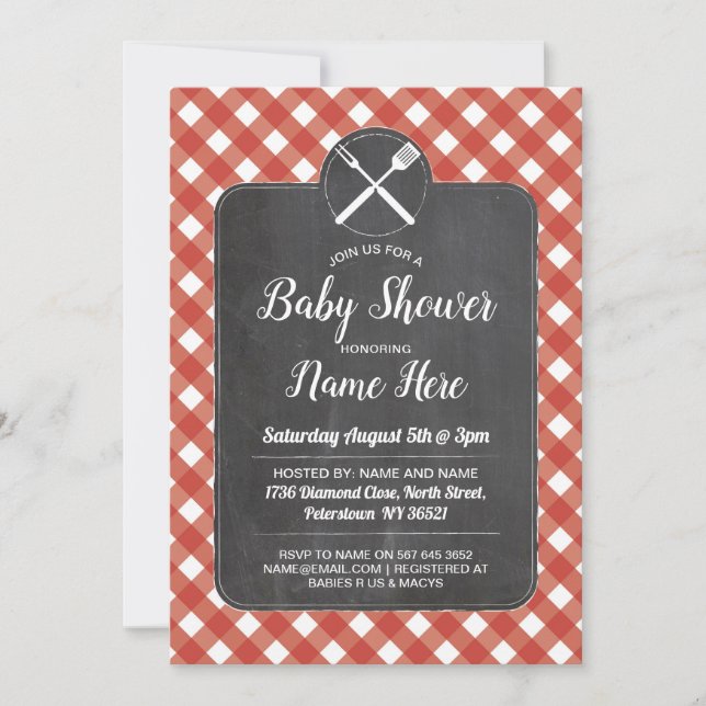 Baby Shower Invite Red Gingham Chalk BBQ Style (Front)