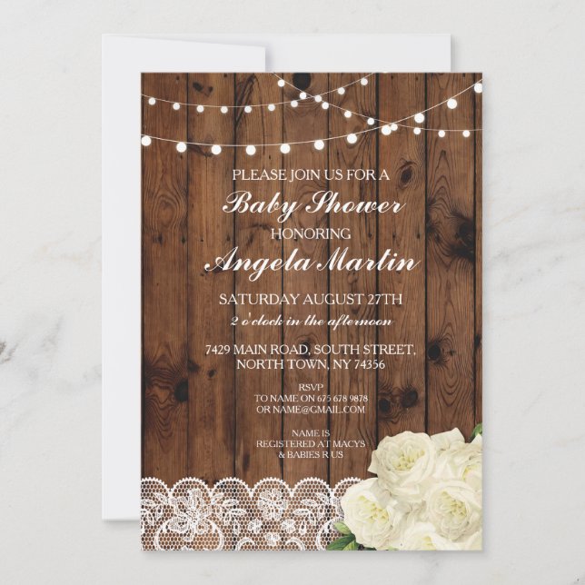 Baby Shower Invite Rustic Party Lace Wood Rose (Front)