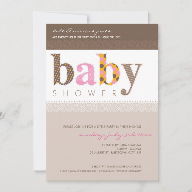 BABY SHOWER INVITES :: baby patterned letters 5P (Front)