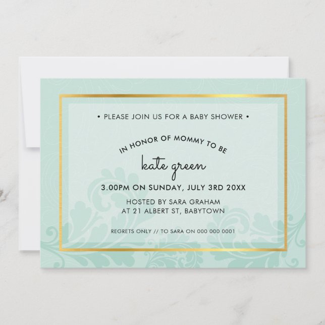 BABY SHOWER INVITES cute flourish mint gold (Front)