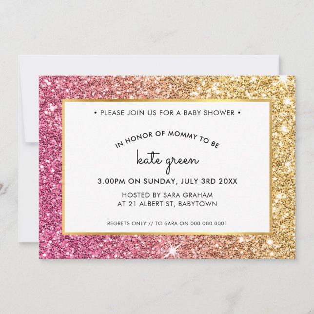 BABY SHOWER INVITES glamourous gold pink glitter (Front)
