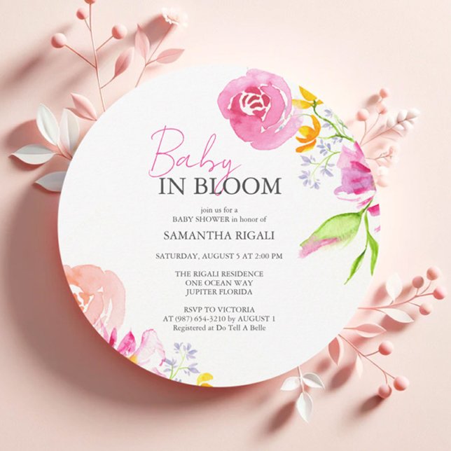 Baby Shower Invites Pink Baby In Bloom (Baby in bloom baby shower invitations for girl features watercolor floral art Victoria Grigaliunas)