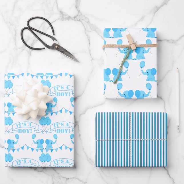Baby Shower It’s A Boy Blue Elephant Wrapping Paper Sheet (Front)