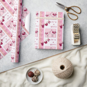Baby Shower It’s A Girl Pink Birds Wrapping Paper