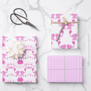Baby Shower It’s A Girl Pink Elephant Wrapping Paper Sheet