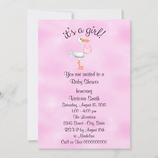 Baby Shower It's a Girl Baby Girl Stork Invitation (Front)
