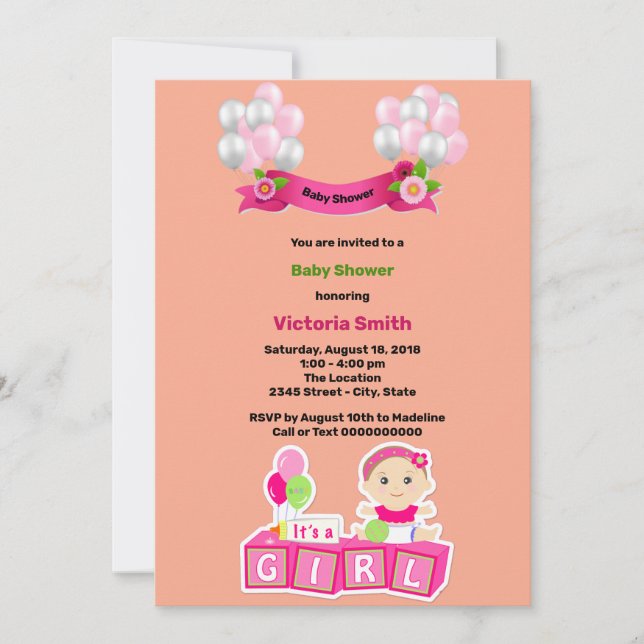 Baby Shower It's a Girl ballons Invitation (Front)