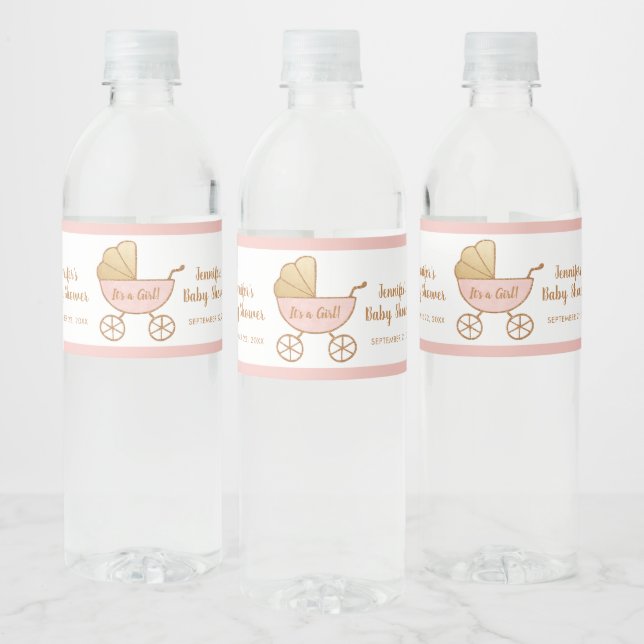 Baby Shower It's a Girl Retro Pink Carriage Water Bottle Label (Bottles)