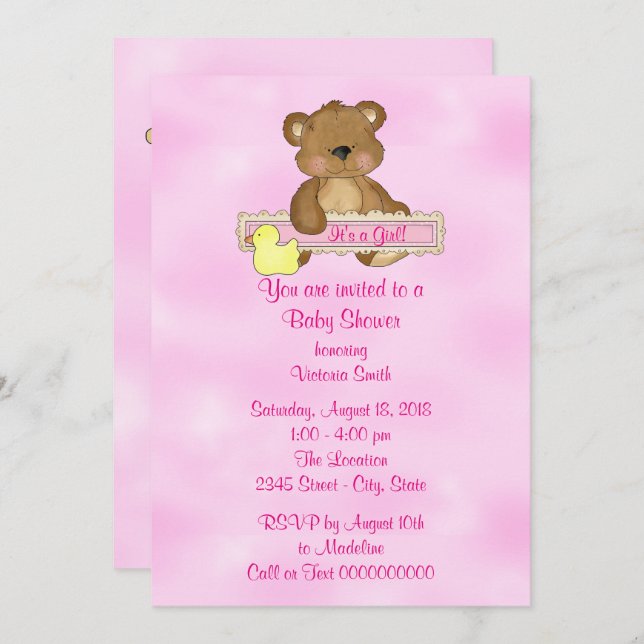 Baby Shower It's a Girl Teddy Bear Invitation (Front/Back)