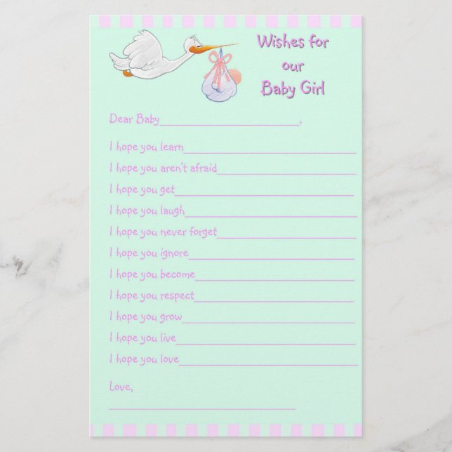 Baby Shower Keepsake - Wishes for Baby Girl (Front)
