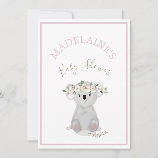 Baby Shower  Koala Floral Pink Invitation (Front)