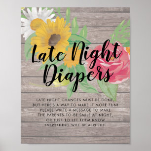 Baby Shower Late Night Diapers Flowers Rustic Wood Poster