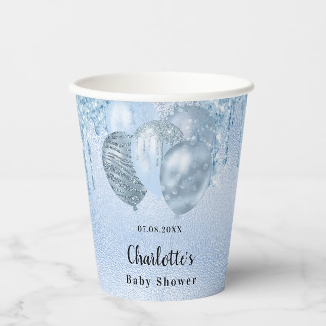 Baby Shower light blue boy drips balloons Paper Cups (Front)
