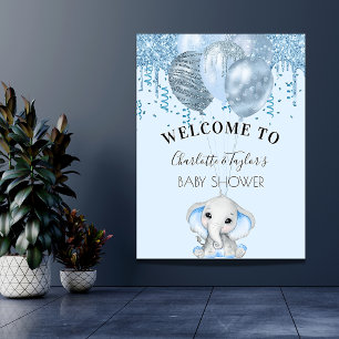 Baby Shower light blue elephant boy balloons Poster