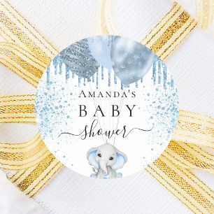 Baby Shower light blue glitter cute elephant boy Classic Round Sticker