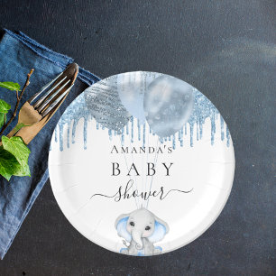 Baby Shower light blue glitter white elephant boy Paper Plate