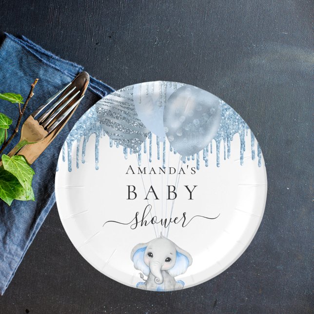 Baby Shower light blue glitter white elephant boy Paper Plate (Creator Uploaded)
