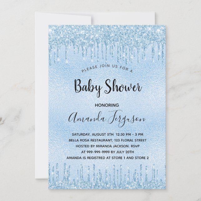 Baby Shower light blue metal glitter drips boy Invitation (Front)