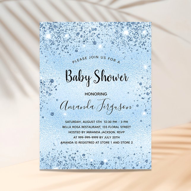 Baby Shower light blue metal glitter dust boy Invitation Postcard (Creator Uploaded)