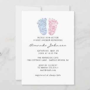 Baby Shower Light Blue Pink Feet Glitter Boy Girl Invitation