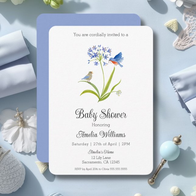 Baby Shower Lily with Bluebird Mother and Baby  Invitation (Creator Uploaded)