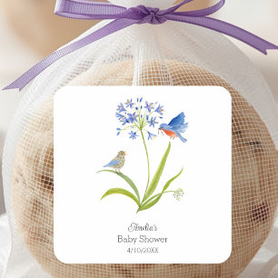 Baby Shower Lily with Bluebird Mother and Baby Square Sticker