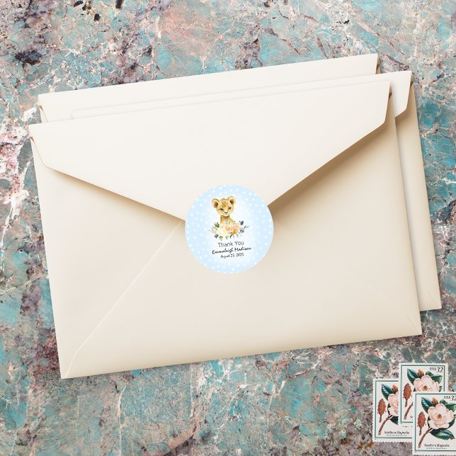Baby Shower Lion Cub Floral Blue Thank You Favour Classic Round Sticker (Creator Uploaded)