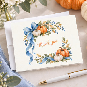 Baby Shower Little Pumpkin Watercolor Blue Bow Thank You Card