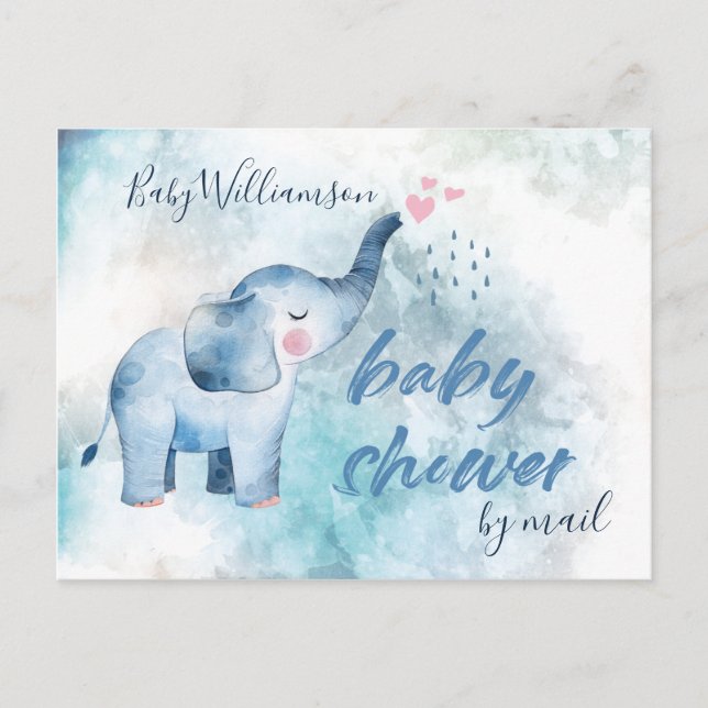 Baby Shower Long Distance By Mail Blue Elephant Postcard (Front)