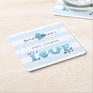 Baby Shower Love Baby Boy Square Paper Coaster
