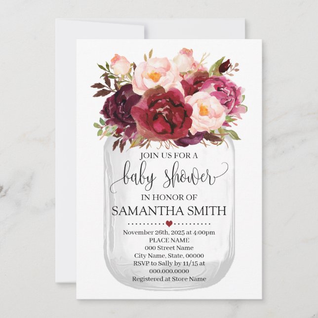 Baby Shower Marsala Floral Mason Jar Country Chic Invitation (Front)