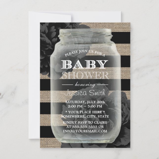 Baby Shower Mason Jar Rustic Burlap Stripes Invitation (Front)