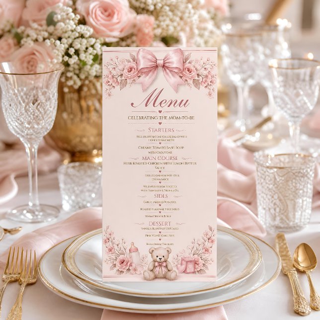 Baby Shower Menu Card, Coquette Pink Bow Teddy Bea (Creator Uploaded)
