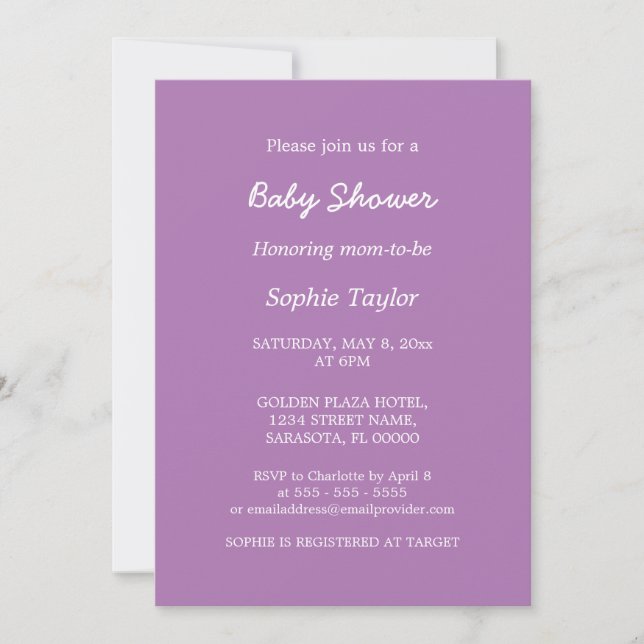Baby Shower Minimalist Soft Purple Invitation (Front)