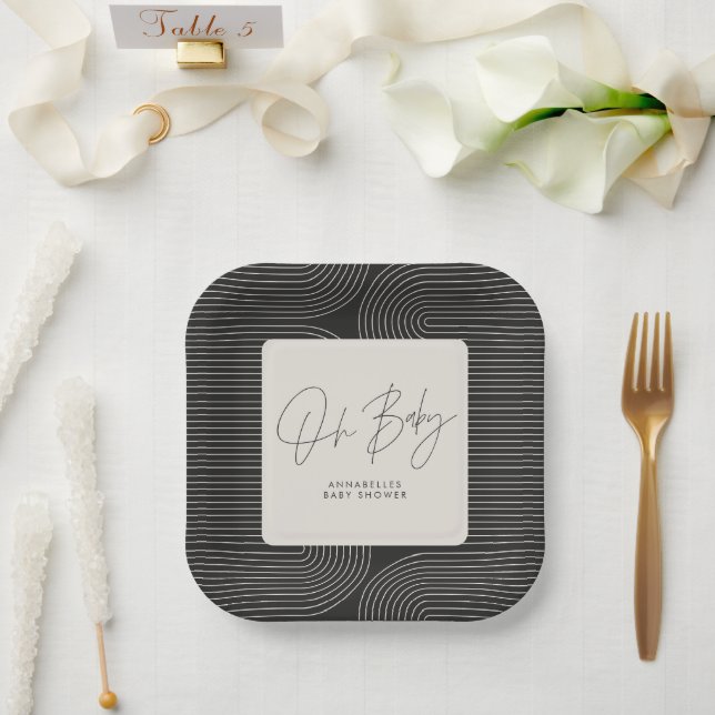 Baby shower modern black white elegant geometric p paper plate (Wedding)
