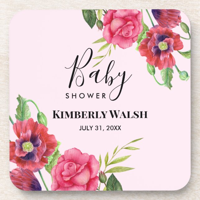 Baby Shower Modern Red Pink Flowers on Light Pink Coaster (Front)