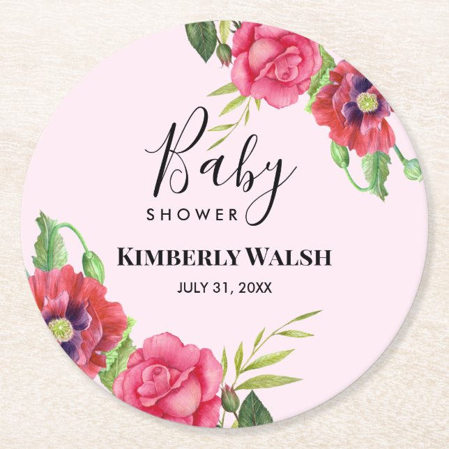 Baby Shower Modern Red Pink Flowers on Light Pink Round Paper Coaster (Front)