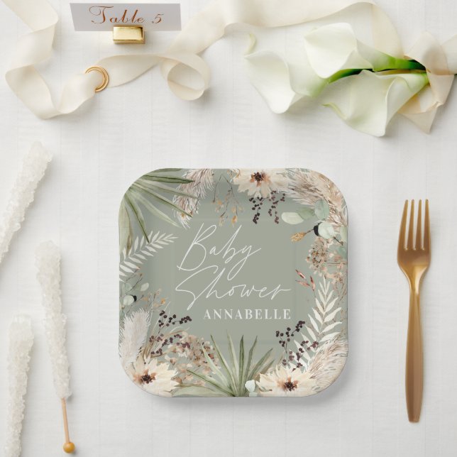 Baby shower modern rustic pampas grass foliage paper plate (Wedding)