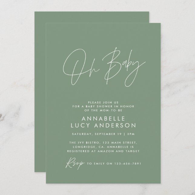 Baby shower modern sage green elegant photo invitation (Front/Back)