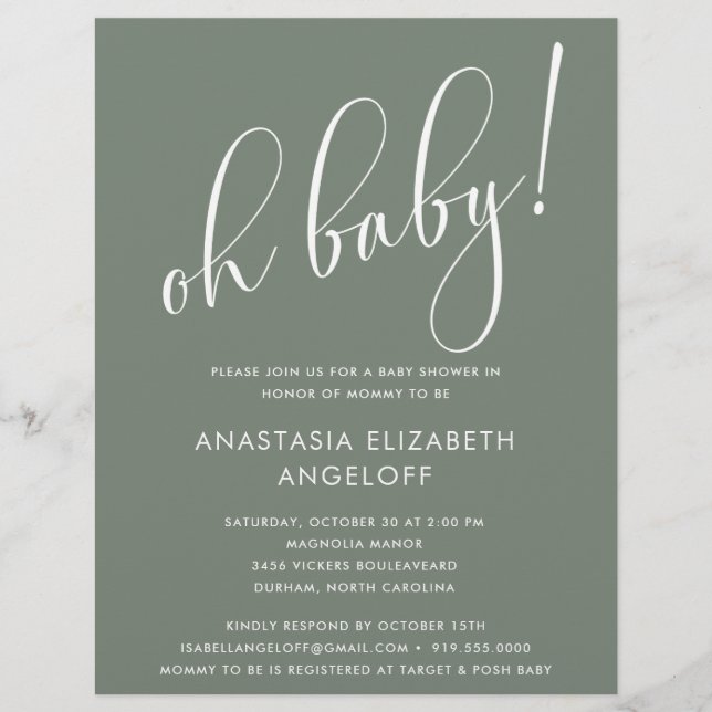 Baby Shower Modern Script Sage Green Invitation Flyer (Front)