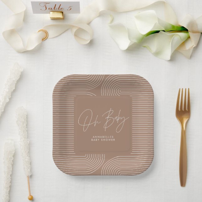 Baby shower modern tan brown elegant geometric paper plate (Wedding)