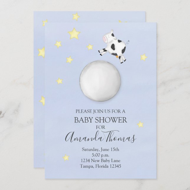 Baby Shower Modern Watercolor Cow Jumped Over Moon Invitation (Front/Back)